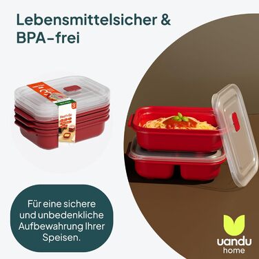 Набір контейнерів для зберігання продуктів Uandu з кришками, 3 шт., підходять для мікрохвильової печі, герметичні контейнери для сипучих продуктів, контейнери для приготування їжі, пластикові контейнери без BPA, червоні, 3 x 1300 мл