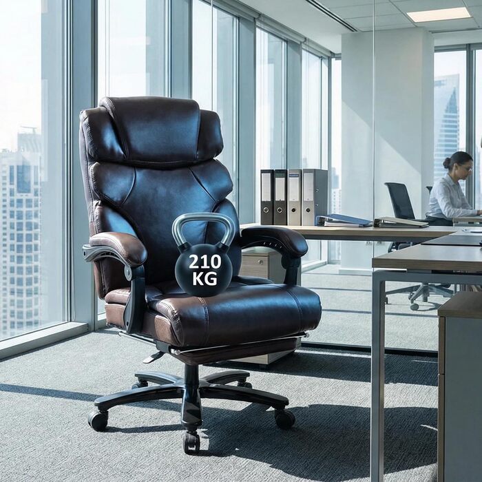 Велике та високе крісло керівника зі штучної шкіри, ергономічне офісне крісло 210 кг з підставкою для ніг, крісло для домашнього офісу з регульованою високою спинкою, обертове крісло з підголівником, комп&39ютерне крісло, коричневе