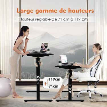 Електрично регульований по висоті стіл для роботи стоячи, 120 x 60 см, стіл для роботи сидячи/стоячи з пам&39яттю налаштувань та світлодіодним дисплеєм, стіл для роботи стоячи з гачками та підключенням для кабелів, робочий стіл для домашнього офісу, чорни