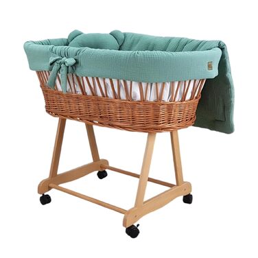 Дитяча колиска з колесами та гальмами кошик Moses з натуральної верби, включаючи матрац та постільну білизну кольору хакі зі 100 бавовни, сертифікована Oeko-Tex безпечна та мобільна модель Amelia