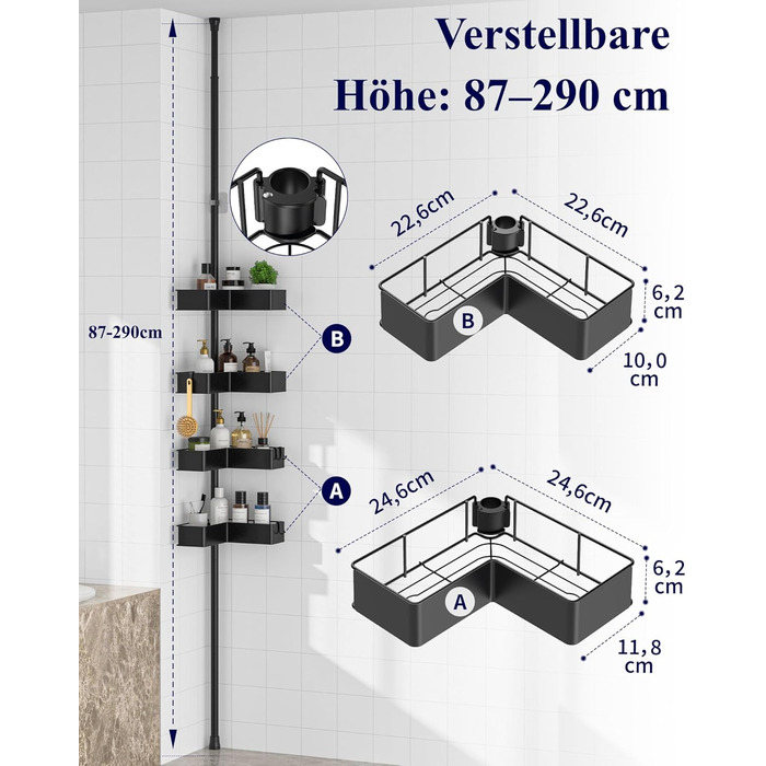 Кутова полиця для душу Kitsure з телескопічною стійкою, регульована по висоті, металеві кошики, монтаж без свердління, висота 87-290 см, ширина 24.6 см, чорний колір (24.6 x 24.6 x 290 см)