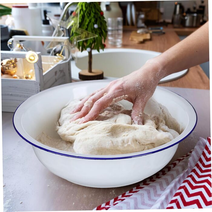 Емальована миска для змішування з армованої емалі 34 см, велика вінтажна, для миття овочів та домашнього використання, біла універсальна кухонна миска