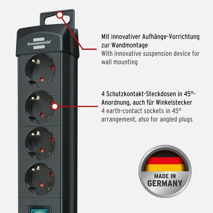 Розетка Brennenstuhl Premium-Line 4-х розкладна (розетка з вимикачем і кабелем 1,8 м, кут захисного контакту розеток -45, зроблено