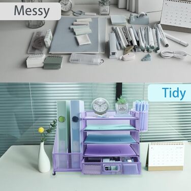 Органайзер для столу, тримач для файлів з 2 тримачами для ручок, 5 рівнів, лоток для паперів та листів з шухлядою, сітчастий настільний органайзер з тримачем для журналів та канцелярського приладдя, фіолетовий/фіолетовий, 5 рівнів