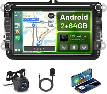 Автомагнітола Hikity для Golf 5 6 Passat Jetta Caddy Polo cc Tiguan EOS Touran T5 Scirocco Бездротове керування Carplay та Android Auto, 7-дюймовий сенсорний екран Android 2 ГБ 64 ГБ, Bluetooth, FM, DSP, RDS/Mirror Link 264 ГБ S1