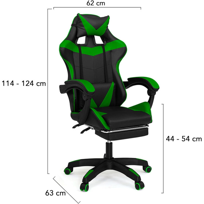 Регульоване ігрове крісло Alex з підніжкою, подушками для голови та попереку, чорно-зелене