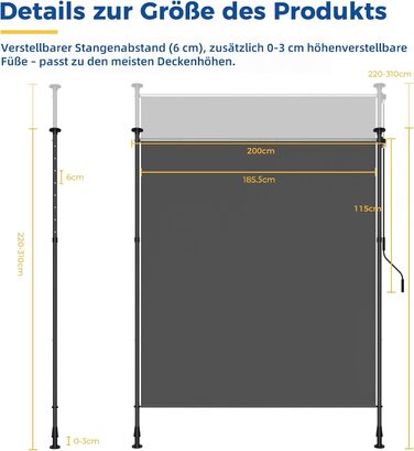 Вертикальна тентована маркіза для вулиці, Вертикальна тентована маркіза без свердління, Балконна жалюзі з ручним приводом, Ширма для забезпечення конфіденційності, Захист від сонця, Вітрозахист, Балкон та сад, 200 x (220-310) см, Ширина тканини 185,5 см, 