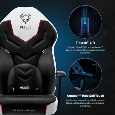 Геймерське крісло Diablo X-Gamer 2.0, офісне крісло, тканинний чохол, ергономічний дизайн, поперекова подушка, м&39яка накладка (чорно-білий), чорно-білий, 128 см x 68 см x 55 см