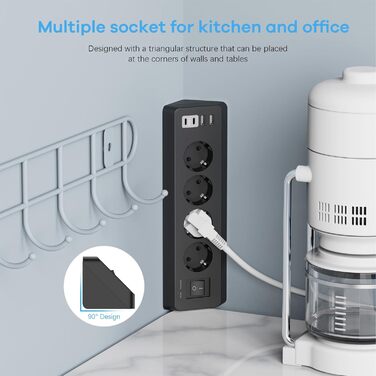 Кутова розетка з 2 USB і 2 Type-C, 4-х секційна розетка з вимикачем, захист від перенапруги з подовжувачем і кабелем 2M для кухні