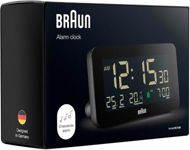 Цифровий будильник Braun з відображенням дати, місяця та температури, негативним РК-дисплеєм, швидким налаштуванням та поступовим звуковим сигналом будильника, чорного кольору, модель BC10B. у комплекті.