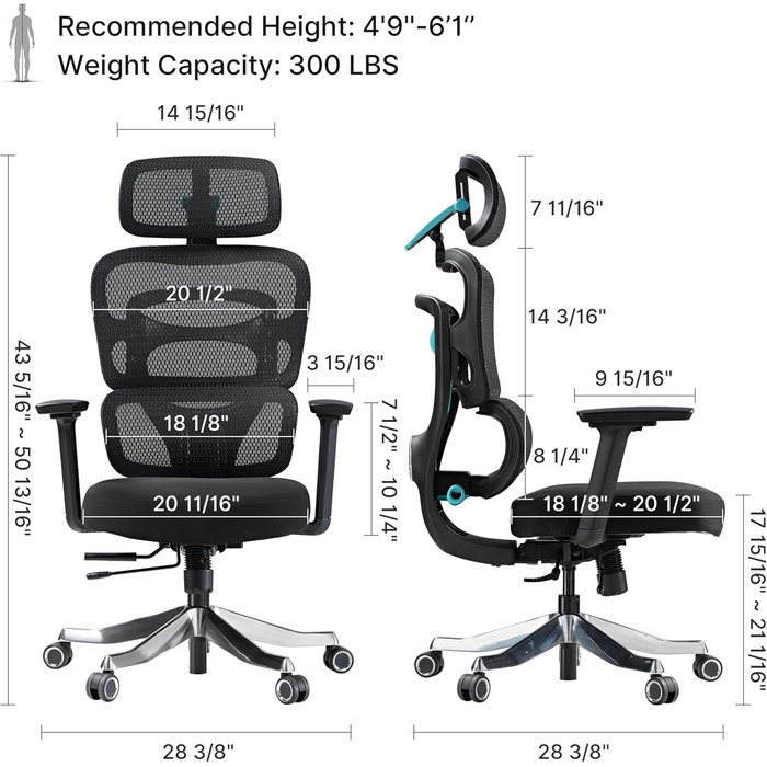 Ігрове крісло Eureka Axion з регульованою поперековою опорою, ергономічне офісне крісло з 4D підголівником/3D підлокітниками зі штучної шкіри, дихаюче сітчасте робоче крісло, чорно-синє
