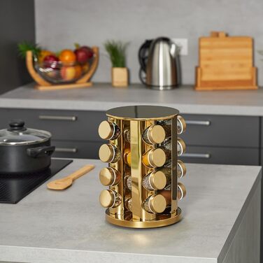 Карусель для спецій Relaxdays, 16 банок для спецій, обертається на 360, нержавіюча сталь, скло, В x Г 27,5 x 20 см, кругла підставка для спецій, золота