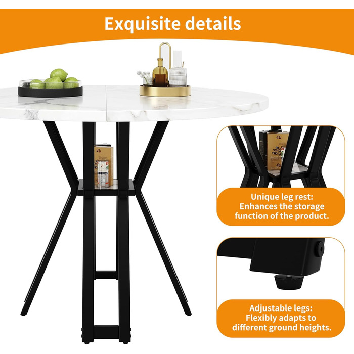 Круглий обідній стіл Wiuzo (100 x 100 x 76 см), легкий та розкішний круглий стіл для 4-6 осіб, підходить для їдалень та віталень, чорні ніжки, мармурова стільниця з МДФ Black-3