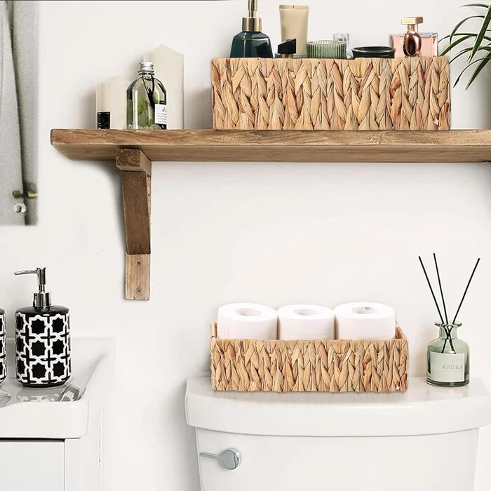 Плетені кошики для зберігання з ручками, комплект кошиків для ванної кімнати з 2 предметів з ротанга, плетені кошики з полицями ручної роботи, кошик для зберігання рушників та туалетного паперу, водяний гіацинт