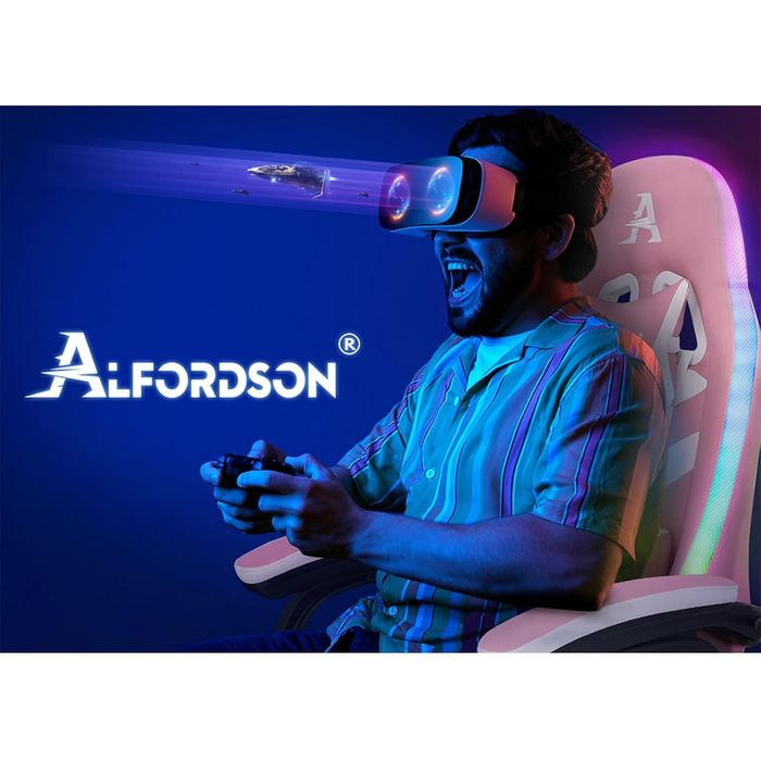 Ігрове крісло ALFORDSON, гоночне ігрове крісло зі світлодіодним RGB-підсвічуванням, масажне комп&39ютерне крісло з підставкою для ніг, ергономічне поворотне крісло з важільною спинкою, рожеве