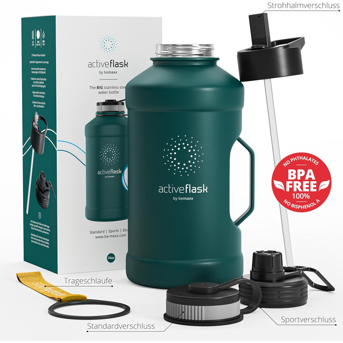 Пляшка для пиття BeMaxx з нержавіючої сталі ACTIVE FLASK соломинка (3 кришки) Велика спортивна пляшка об'ємом 2,2 літра без бісфен