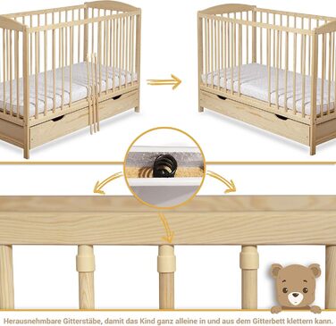 Дитяче ліжко/ліжечко для новонароджених 60x120 см ліжечко з шухлядою, регульованою по висоті рейковою основою та знімними поручнями, трансформується в дитяче ліжко S-120