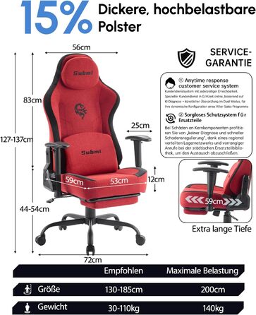 Геймерське крісло, тканинне ігрове крісло та підголівник, ергономічне комп&39ютерне крісло, офісне крісло з підставкою для ніг, комп&39ютерне крісло з регульованою поперековою опорою, подарунок для геймерів (червоне)