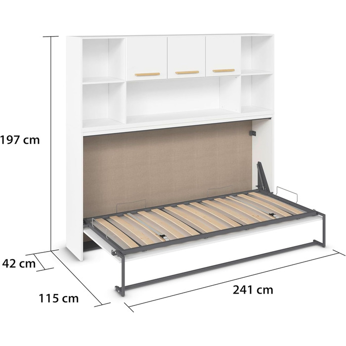 Меблі Rauch Albero, ліжко, настінне ліжко, поперечно розкладне ліжко, компактне настінне ліжко з каркасом ліжка, полицею та рейковою основою, спальна зона 90x200 см, колір білий, ручки з масиву дуба, 214x197x44 см