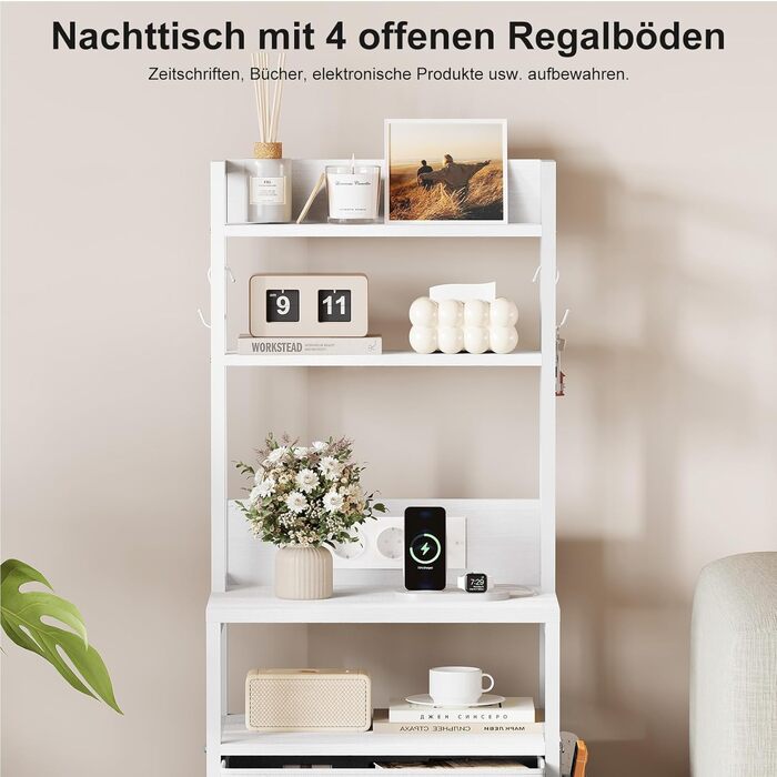 Приліжковий столик Dripex із функцією зарядки та світлодіодним підсвічуванням, бічний столик із 3 тканинними шухлядами, тумбочка з книжковою полицею, відкритим відділенням, 2 порти змінного струму, 1 USB та 1 порт типу C, для спальні, вітальні, офісу (біл