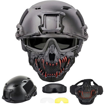 Тактичний шолом PJ типу Airsoft Fast та складна маска для захисту слуху з окулярами та повним захистом обличчя, червона маска