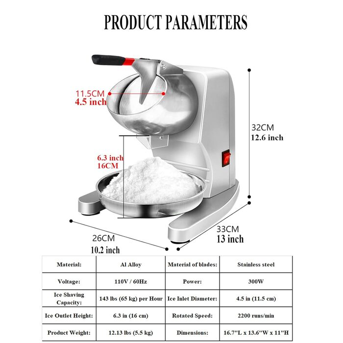 Електричні машини для подрібнення льоду для домашнього та комерційного використання, покращений вихід льоду висотою 16 см, два леза, 65 кг/год, 300 Вт/2000 об/хв, сріблястий