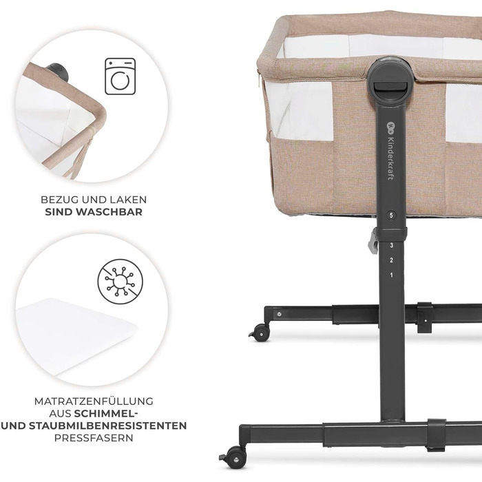 Приліжкове ліжечко 2-в-1, дорожнє ліжечко з матрацом та простирадлом, 5-рівневе регулювання висоти матраца, 4 колеса з гальмами, м&39який матеріал, легка конструкція, бежевий Nestee Beige, 2