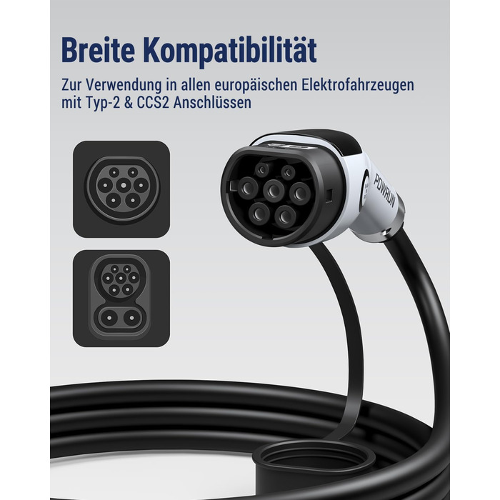 Зарядний кабель Powrun тип 2 22кВт 5м 32А з сумкою для перенесення, зарядний кабель електромобіля тип 2 3-фазний IP55 водонепроник