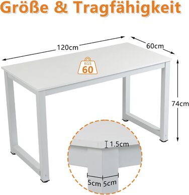 Комп&39ютерний стіл, письмовий стіл 120 x 74 x 60 см, стіл для ПК, офісний стіл в індустріальному стилі, металевий каркас (білий/білий) Білий/білий