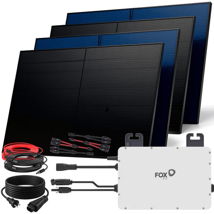 Двофазна балконна електростанція SUNNIVA 2000 Вт, повністю чорна, з розеткою, інвертор FOXESS 800 Вт, фотоелектрична сонячна система, 4 сонячні модулі зі скла по 500 Вт, включаючи кабель 5 м, Bluetooth WIFI, повний комплект
