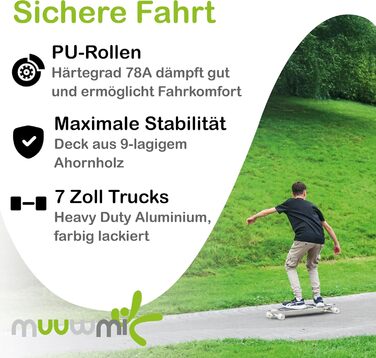 Лонгборд Muuwmi Beach Deluxe 97 см 9-шаровий клен ABEC-7 PU колеса 65x51 мм 78A top mount cruiser пляжний дизайн повний компліт для новачків карвінгу оригінал Німеччина 2025