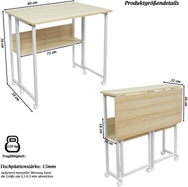 Розкладний стіл, розкладний стіл на колесах, невеликий розкладний комп&39ютерний стіл з полицею, бічний столик, розкладний стіл для домашнього офісу, промисловий дизайн, дуб 80 x 58 x 75 см, розкладний стіл з дуба 80 x 58 x 75 см