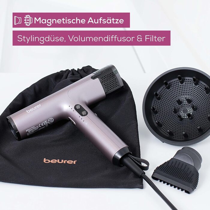 Фен Beurer HC 100 Excellence, фен з потужним цифровим двигуном, сушить на 20 швидше, легка вага, особливо тихий, іонна функція для