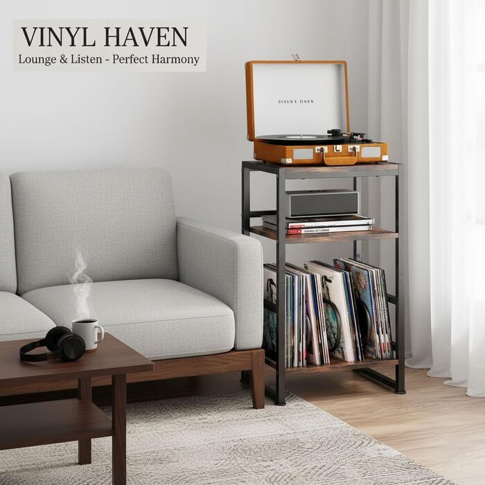 Підставка для програвача платівок, 3-ярусний бічний столик, столик для програвача платівок, до 120 альбомів, столик для вітальні, спальні, вінтажний коричневий (сільський коричневий)