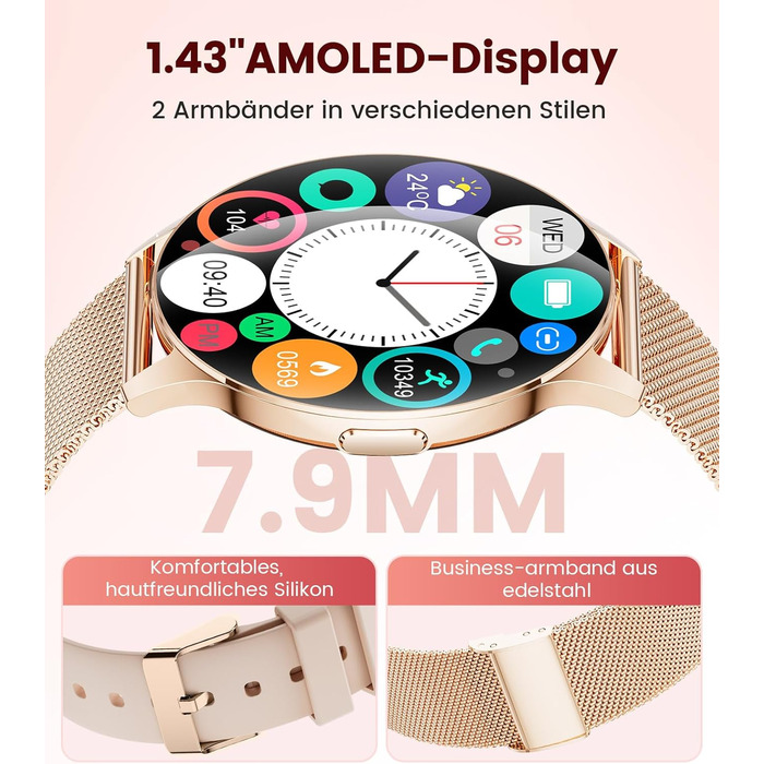 Жіночий смарт-годинник LIGE (2 ремінці), 1,43-дюймовий HD AMOLED-дисплей, смарт-годинник з функцією телефону, фітнес-годинник, спортивний годинник з понад 120 спортивними режимами, відстеження сну, відстеження менструального циклу, годинник для iOS/Androi