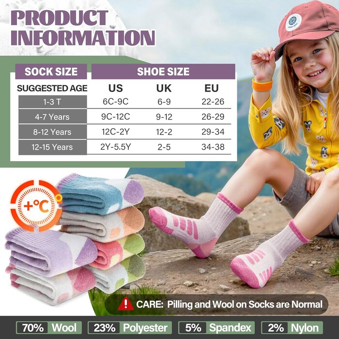 Пар дитячих туристичних шкарпеток з мериносової вовни для хлопчиків, дівчаток та малюків, зимові утеплені товсті шкарпетки-чоботи на теплій підкладці для походів, розміри 29-34, світла клітинка, 6