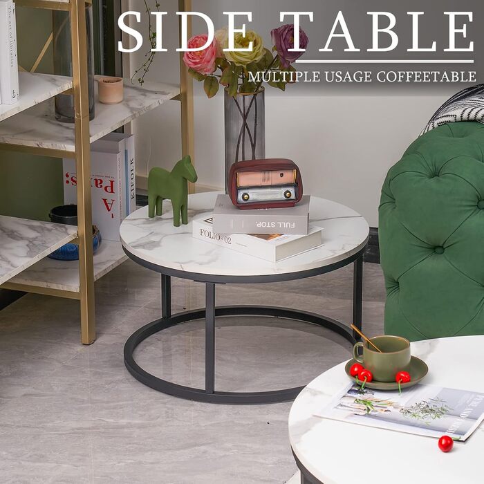 Комплект із 2 круглих журнальних столиків, білий мармуровий журнальний столик з чорною металевою рамою, круглий бічний столик, сучасний столик для вітальні, вбудовані столики для вітальні, спальні, балкону, білий та чорний