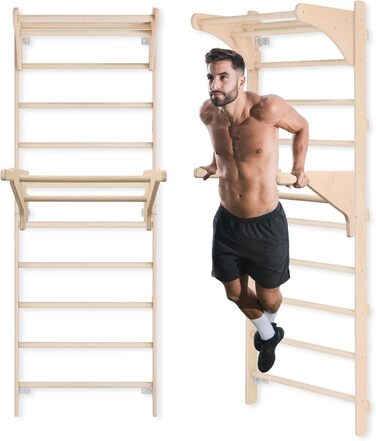 Шведська стінка з турніком для дорослих (230 см), дерев&39яна стінка для скелелазіння, багатофункціональне фітнес-обладнання, драбина для скелелазіння для дорослих та дітей, 100 ЕКО, зроблено в ЄС з кільцями для гімнастики DIP