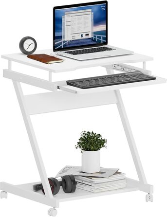 Невеликий комп&39ютерний стіл з 4 колесами (2 з гальмами), Z-подібний комп&39ютерний стіл з підставкою для клавіатури для дому та офісу, 60 x 48 см, білий, 60 x 48 x 73 см