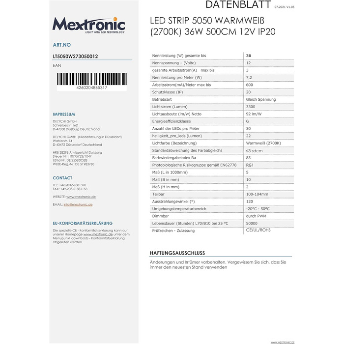 Світлодіодна стрічка Mextronic 5050, тепле біле світло (2700K), 36W, 500 см, 12V, IP20