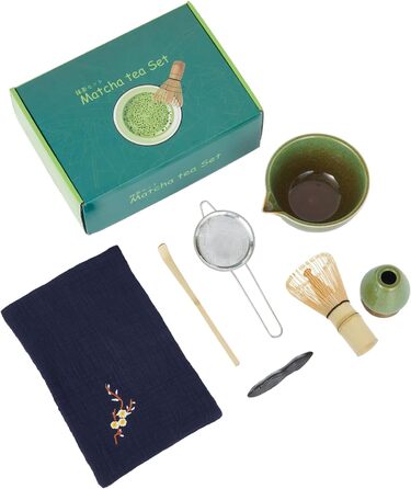 Набір для матчі Garvee 7 предметів керамічна чаша, бамбуковий вінчик (часен), підставка для вінчика, бамбусова ложка, підставка для ложки, ситечко з нержавіючої сталі та серветка для чаю для традиційних чайних церемоній та поціновувачів чаю колір зелений,