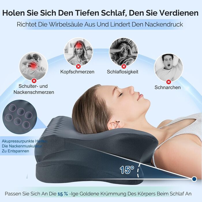 Подушка для шиї, подушка з піни з ефектом пам&39яті, ергономічна подушка, подушка для підтримки шиї для сну на боці, спині та животі, темно-сіра, 64 x 39 x 13 см