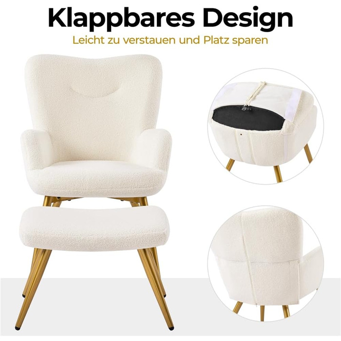 Крісло-крило Yaheetech з пуфом для ніг з тканини букле, реклайнер з підставкою для ніг, шезлонг зі складною спинкою, крісло під телевізор для вітальні/спальні кольору слонової кістки