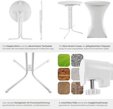 Розкладний стоячий стіл, бістро-стіл з кришкою, стіл Ø80 см, стоячий стіл зі стільницею з МДФ, розкладний садовий стіл, розкладний стіл, круглий, сталевий каркас, стабільний та міцний - білий, 1 стоячий стіл 1 стоячий стіл білий