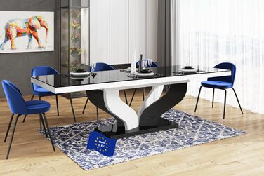 Дизайнерський обідній стіл HEB-222, чорний глянцевий / білий глянцевий, розсувний від 160 см до 256 см, обідній стіл до 10 осіб, глянцевий, функціональний стіл, сучасний, універсальний, розсувний, позачасовий