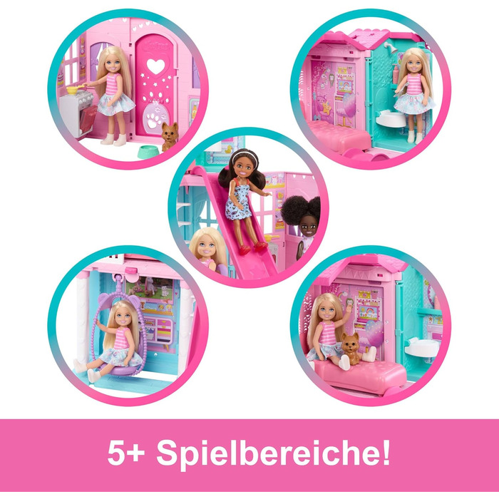 Іграшковий будиночок для ляльок Барбі Челсі з більш ніж 15 аксесуарами, розкладний будиночок розширюється до понад 42 x 33 см з 5 ігровими зонами та гіркою, з маленькою лялькою та собакою, JFW49