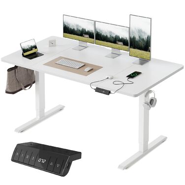 Стіл FEZIBO з регульованою висотою та портами зарядки USB-A та USB-C, 160 x 80 см, стіл з електричним регулюванням висоти, ергономічний стіл для домашнього офісу з можливістю сидіти та стояти, білий 160 x 80 см