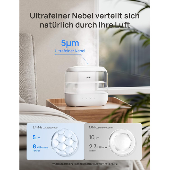 Зволожувач повітря Dreo для спальні, надвеликий зволожувач повітря з масляним дифузором і нічним світлом, час роботи 32 години, бе