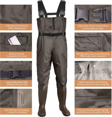 Вейдерси Croch для чоловіків та жінок, рибальські штани, водонепроникні ПВХ-нейлонові з гумовими вейдерсами, розміри 38-47, ідеальні вейдерси та рибальські штани, коричневі, розмір 47