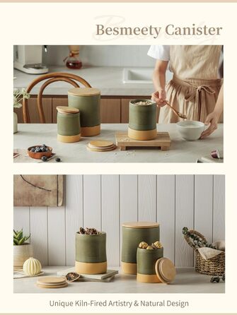 Герметичні контейнери для зберігання Besmeety з кришками, керамічні банки для зберігання, контейнери для зберігання продуктів, кухонне сховище, коробки для зберігання, зелено-жовті (1200 мл x 700 мл)